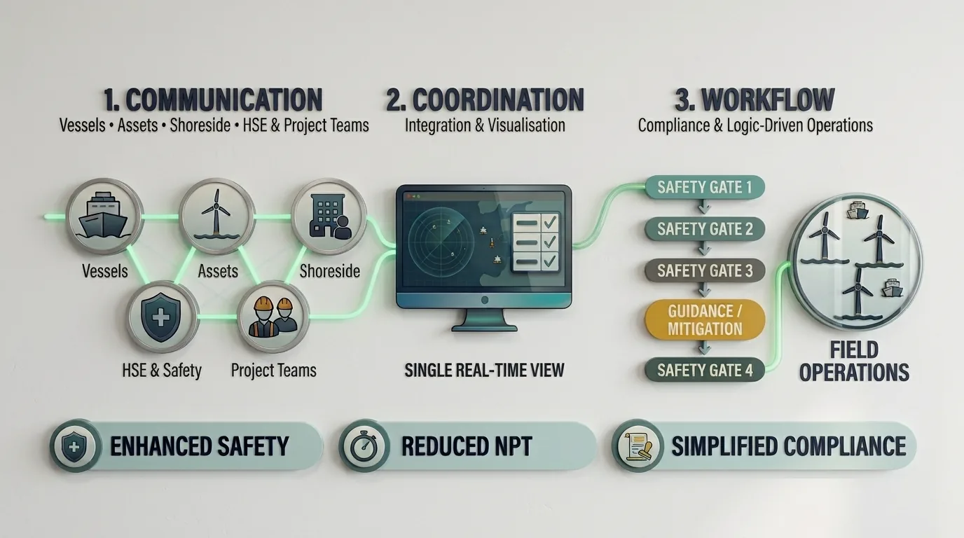How GreenHulls SOMS works: communication between vessels, assets, shoreside, HSE and project teams; a single real-time view; and safety gates guiding workflow through to field management