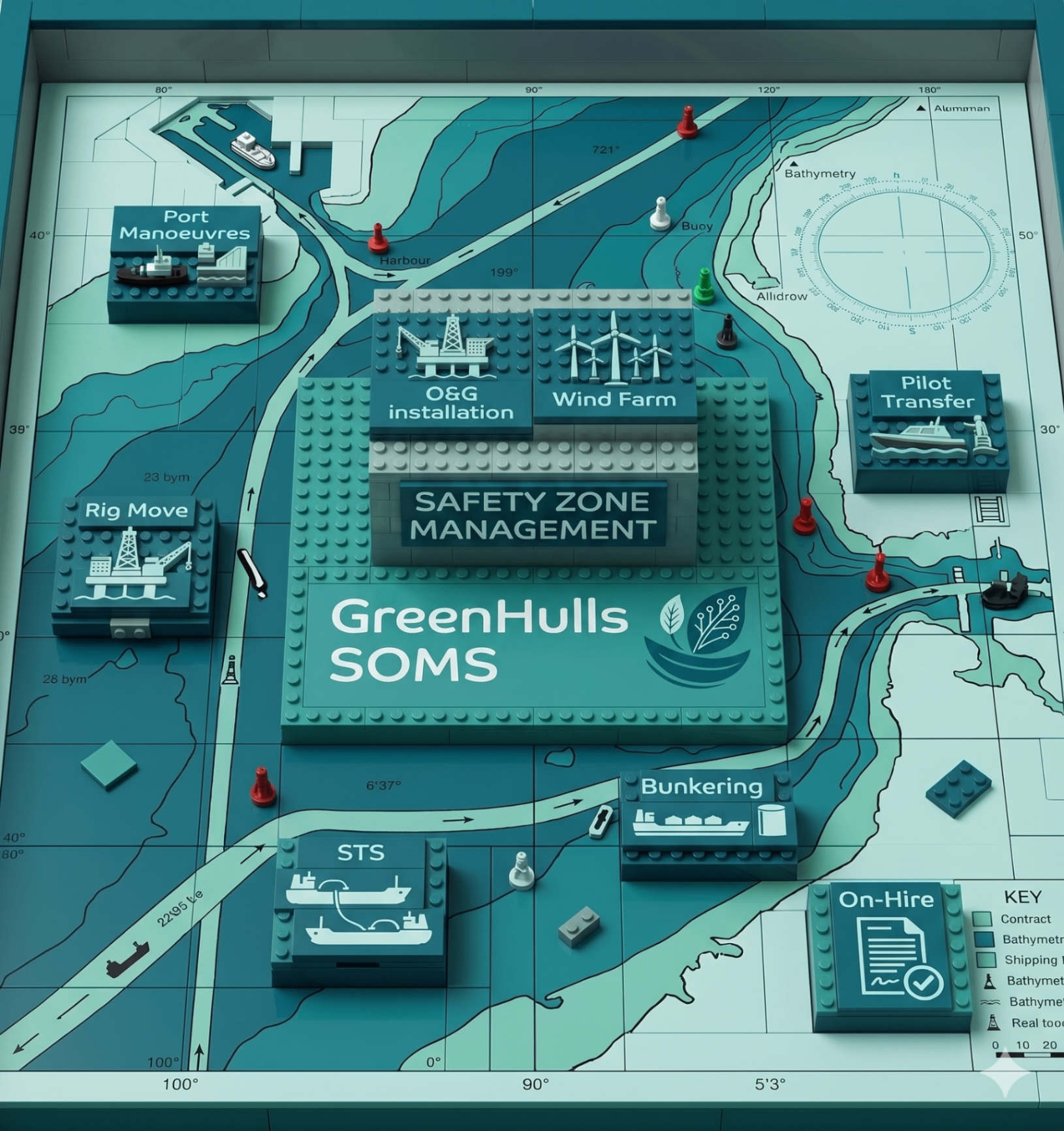 Illustrated map showing GreenHulls SOMS modules: Safety Zone, Port Manoeuvres, Rig Move, Wind Farm, Pilot Transfer, STS, Bunkering, On-Hire